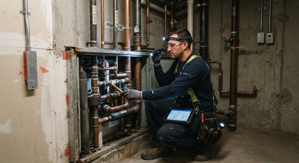 leak detection Voorhees NJ specialist inspecting plumbing system